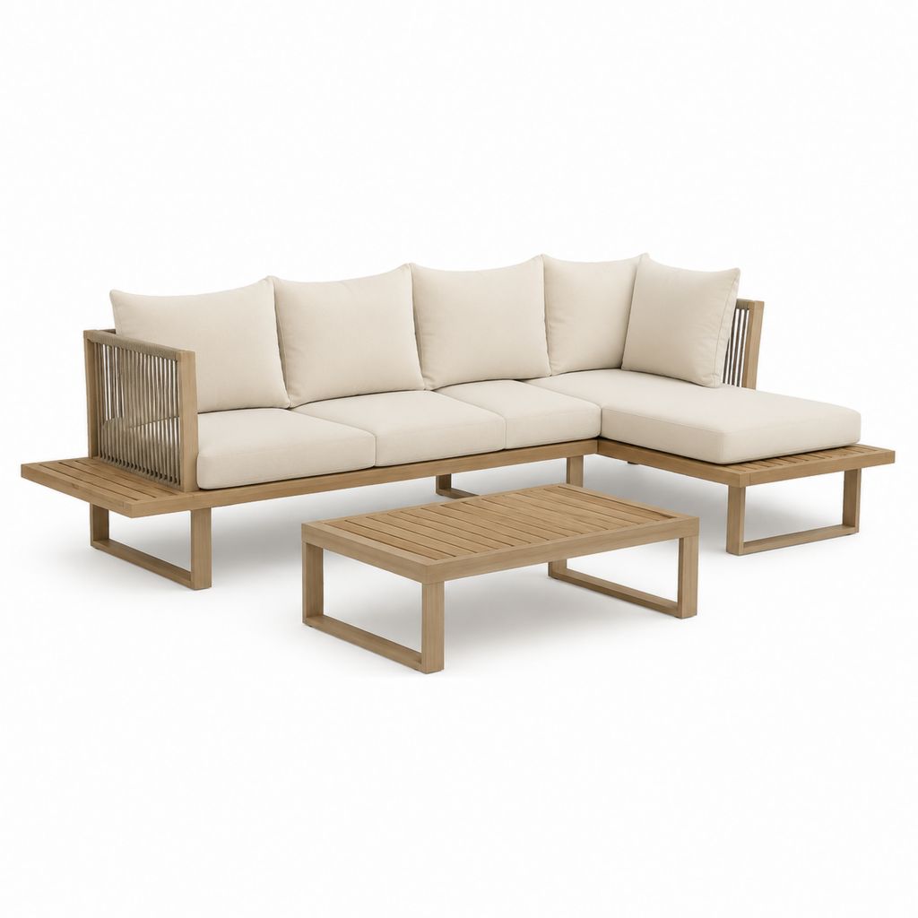Canapé de jardin d'angle 4 places avec table basse beige en acacia massif 250 x 160 x 70 cm