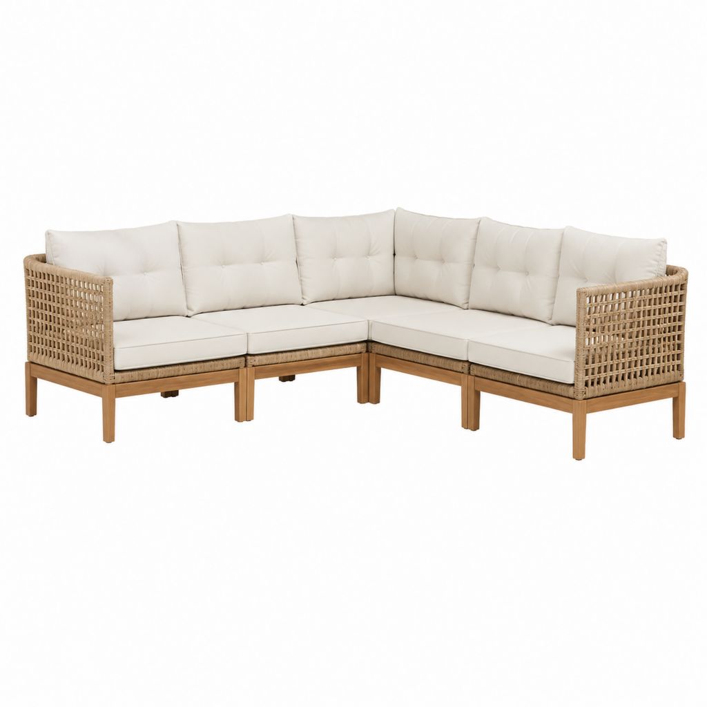 Canapé de jardin d'angle modulaire 5 places beige et naturel en bois d'acacia massif et résine tressée 210 x 210 x 75 cm