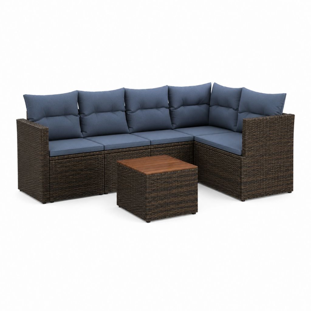 Canapé de jardin d'angle 5 pièces marron et bleu en rotin PE avec table basse 210 x 140 x 63 cm
