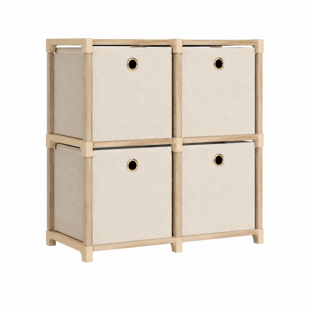Étagère de rangement rectangulaire à 4 tiroirs beige en bambou et polyester 60 x 30 x 60 cm