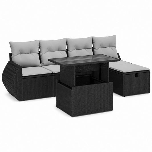 Salon de jardin 4 places noir et gris en résine tressée PE avec table rectangulaire 110 x 60 x 65 cm et poufs