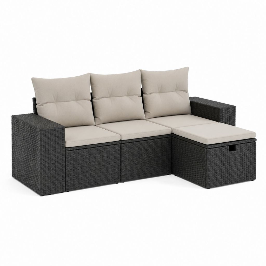 Canapé de jardin d'angle 3 places noir en résine tressée avec coussins beige 210 x 140 x 63 cm