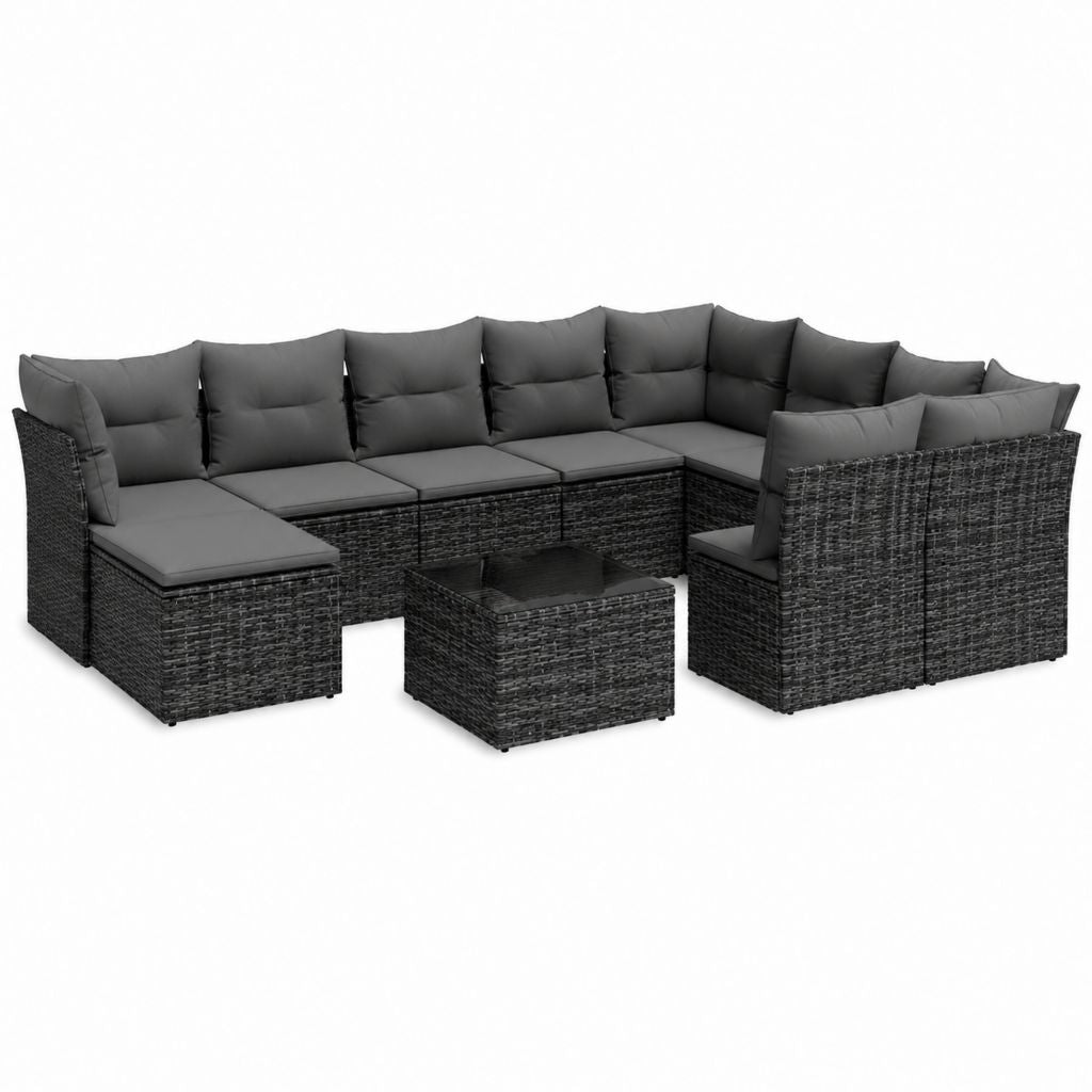 Salon de jardin modulable 6 pièces noir en résine tressée PE avec coussins gris 280 x 210 x 63 cm