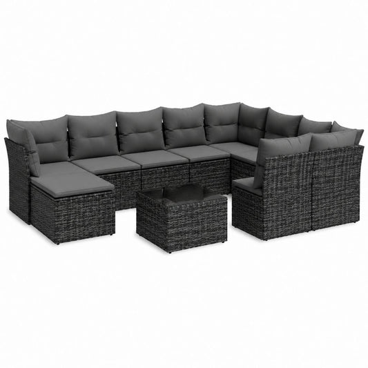 Salon de jardin modulable 6 pièces noir en résine tressée PE avec coussins gris 280 x 210 x 63 cm