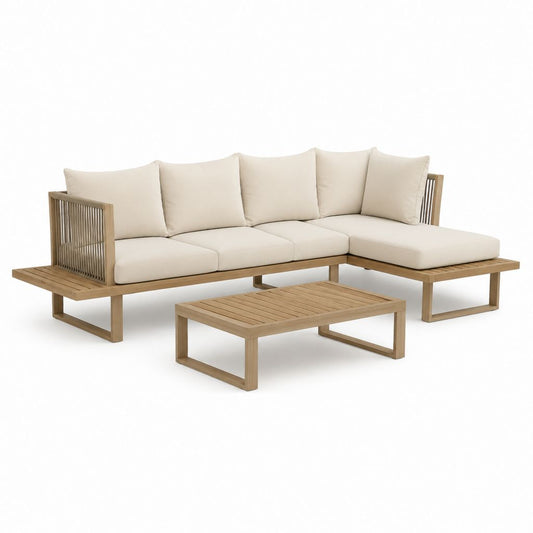 Canapé de jardin d'angle 4 places avec table basse beige en acacia massif 250 x 160 x 70 cm