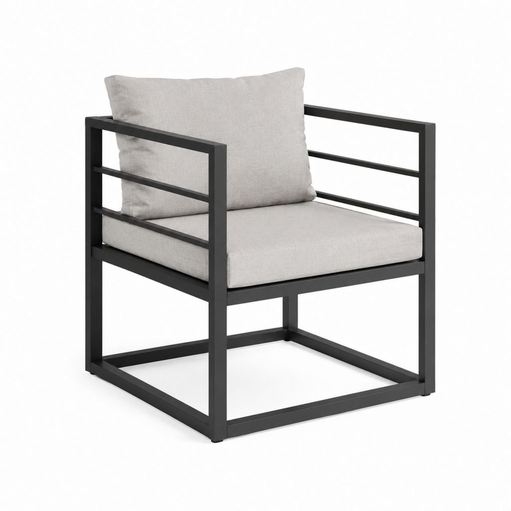 Fauteuil de jardin carré noir et gris clair en acier thermolaqué et polyester 70 x 75 x 75 cm