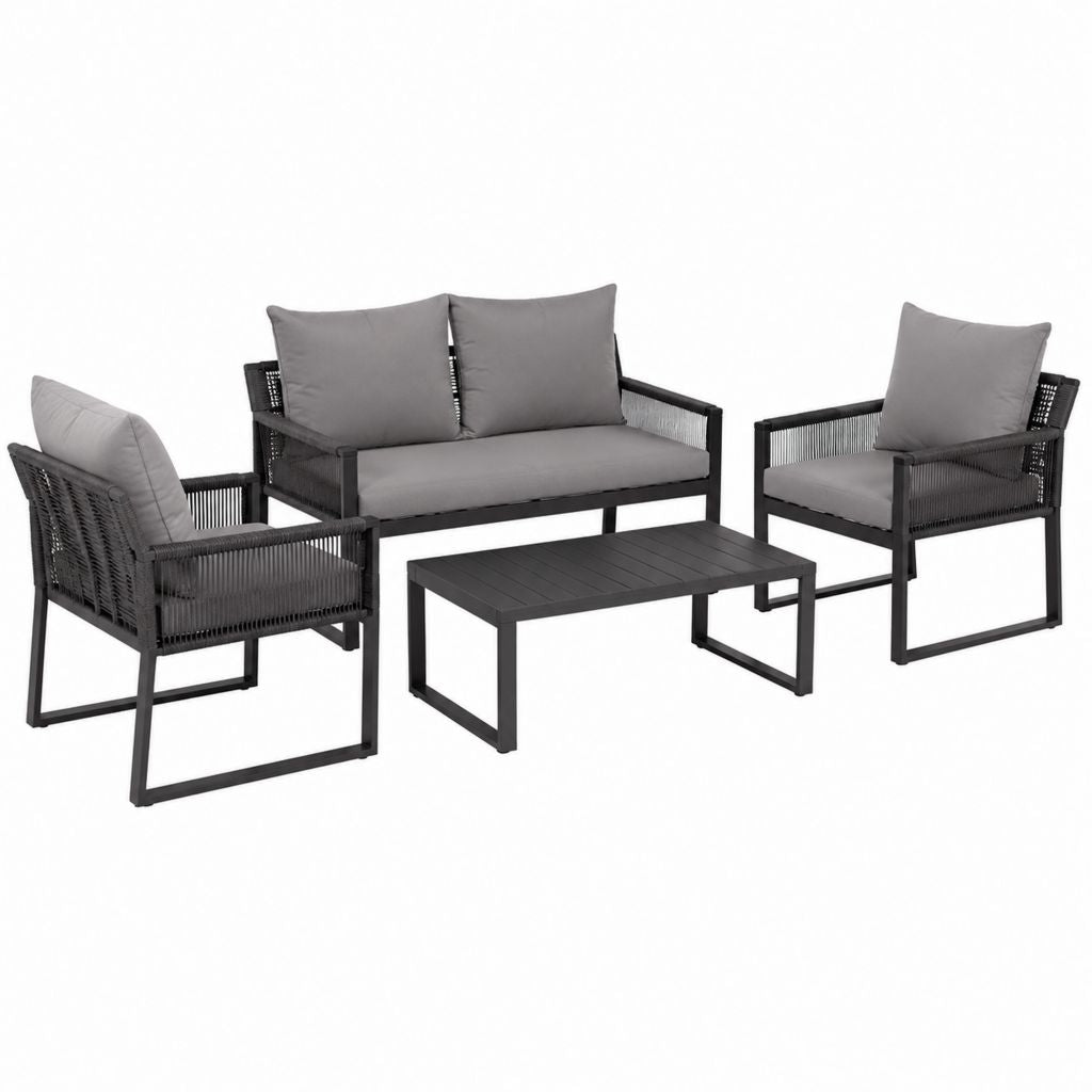 Salon de jardin 4 places avec canapé 2 places fauteuils table basse noir gris en acier et corde PP