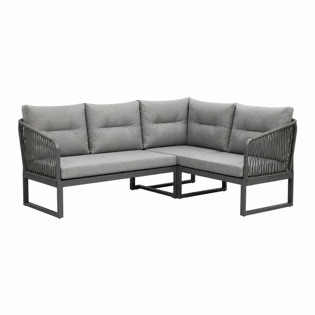 Salon de jardin d'angle 2 pièces gris en acier thermolaqué et corde PE 240 x 180 x 78 cm