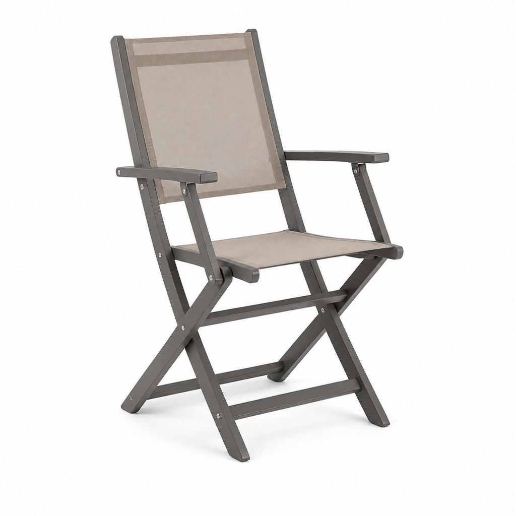 Fauteuil de jardin pliant taupe en aluminium et textilène à dossier rectangulaire 54 x 64 x 106 cm
