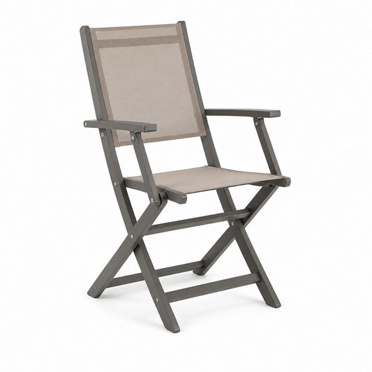 Fauteuil de jardin pliant taupe en aluminium et textilène à dossier rectangulaire 54 x 64 x 106 cm