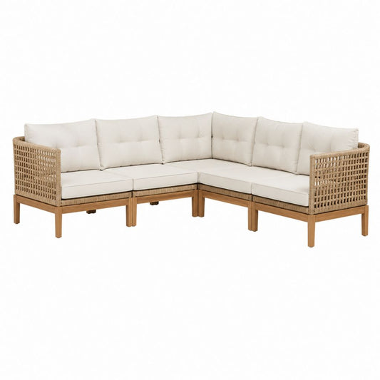 Canapé de jardin d'angle modulaire 5 places beige et naturel en bois d'acacia massif et résine tressée 210 x 210 x 75 cm