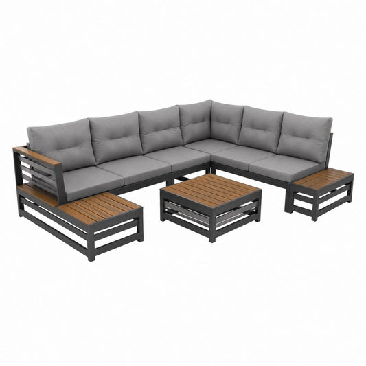 Salon de jardin d'angle 6 places gris en aluminium et acacia 250 x 250 cm avec table basse