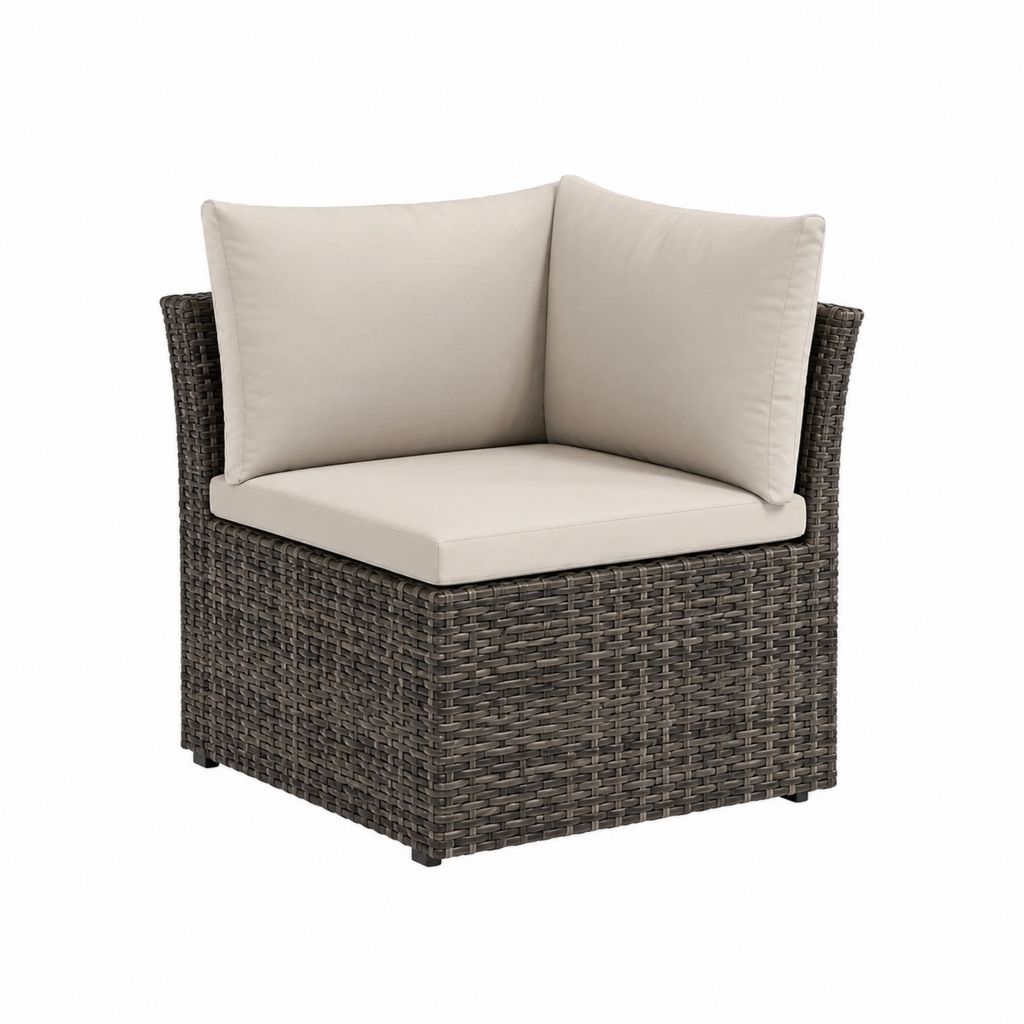 Fauteuil d'angle de jardin en résine tressée PE brun avec coussins beige 70 x 70 x 65 cm