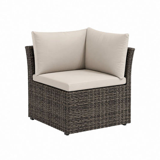Fauteuil d'angle de jardin en résine tressée PE brun avec coussins beige 70 x 70 x 65 cm