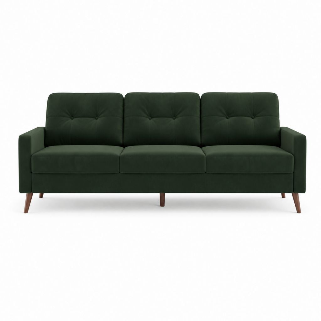 Canapé droit 3 places vert foncé en polyester effet velours avec pieds en bois massif 210 x 84 x 86 cm