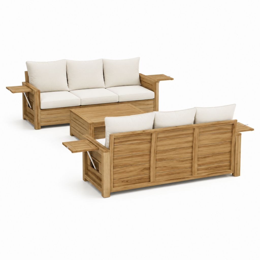 Salon de jardin 2 canapés 3 places avec table basse en acacia massif naturel et coussins écrus 200 x 82 x 80 cm