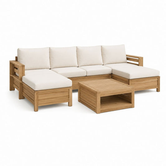 Salon de jardin d'angle 5 places en acacia massif naturel avec coussins beige et table basse 250 x 190 x 75 cm