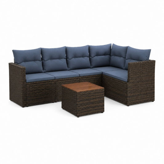 Canapé de jardin d'angle 5 pièces marron et bleu en rotin PE avec table basse 210 x 140 x 63 cm