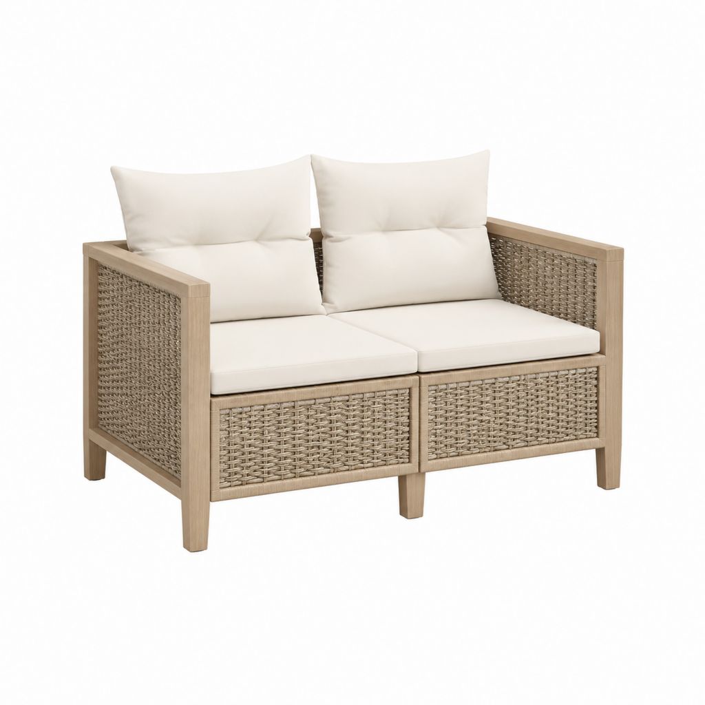 Canapé de jardin 2 places beige et naturel en acacia massif et résine tressée 127 x 70 x 76 cm