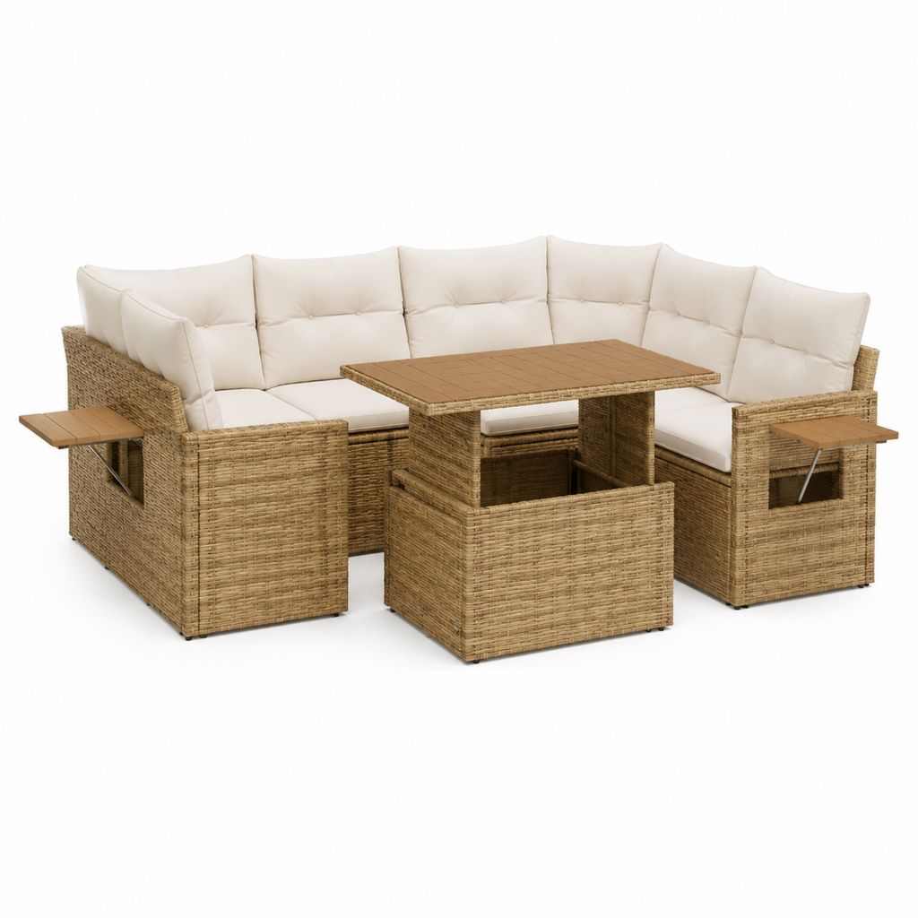 Salon de jardin d'angle 6 places en résine tressée PE naturelle avec coussins crème et table 120 x 70 x 68 cm
