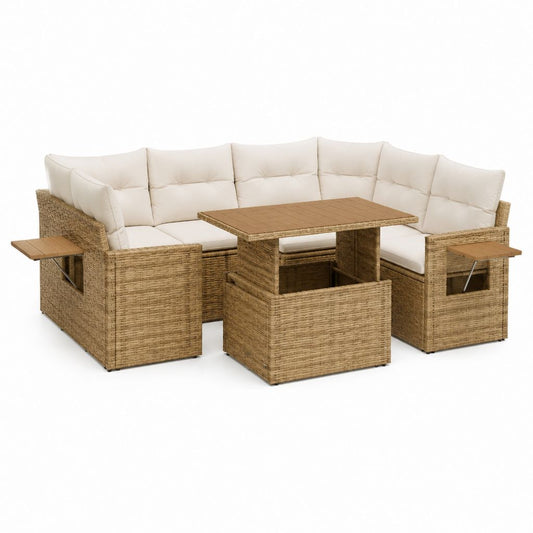 Salon de jardin d'angle 6 places en résine tressée PE naturelle avec coussins crème et table 120 x 70 x 68 cm