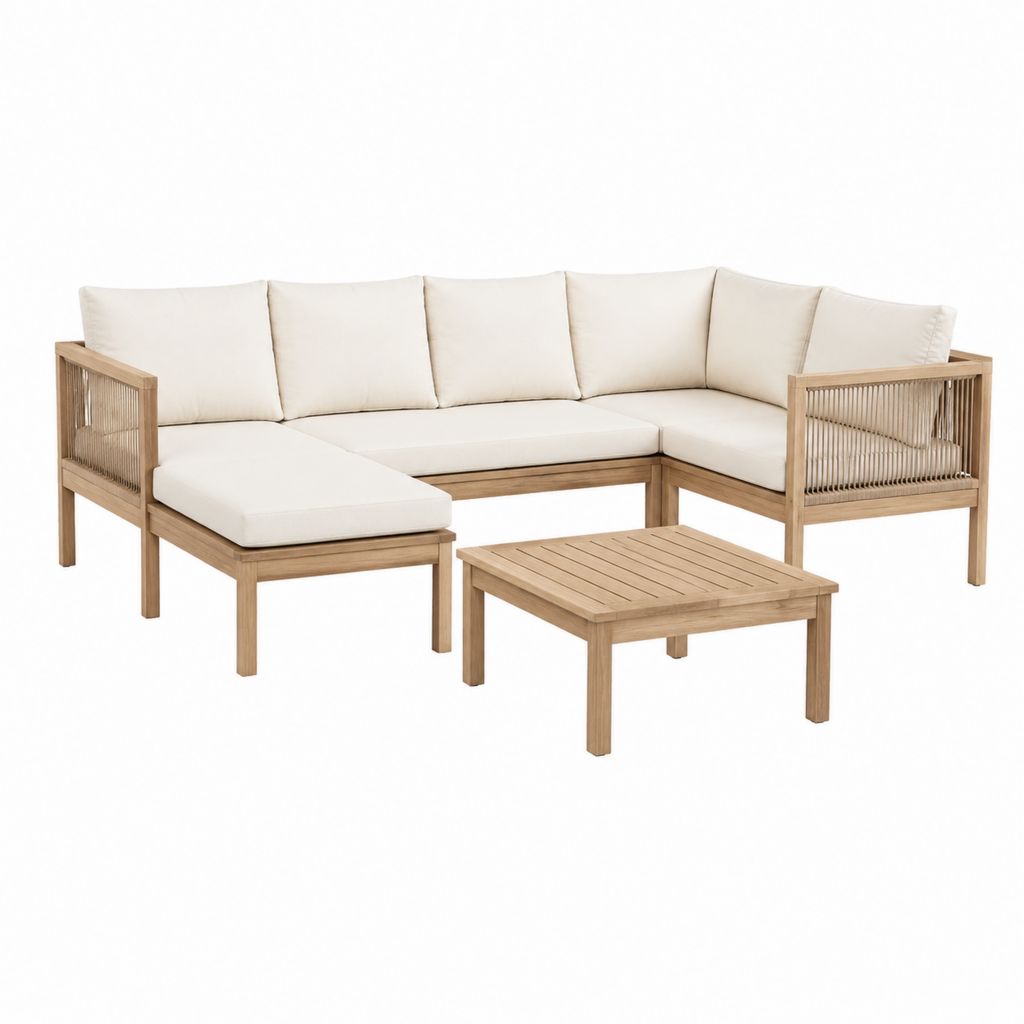Salon de jardin d'angle 4 pièces beige en bois d'acacia avec coussins et table basse 260 x 190 x 75 cm