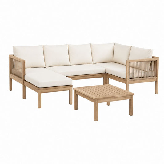 Salon de jardin d'angle 4 pièces beige en bois d'acacia avec coussins et table basse 260 x 190 x 75 cm