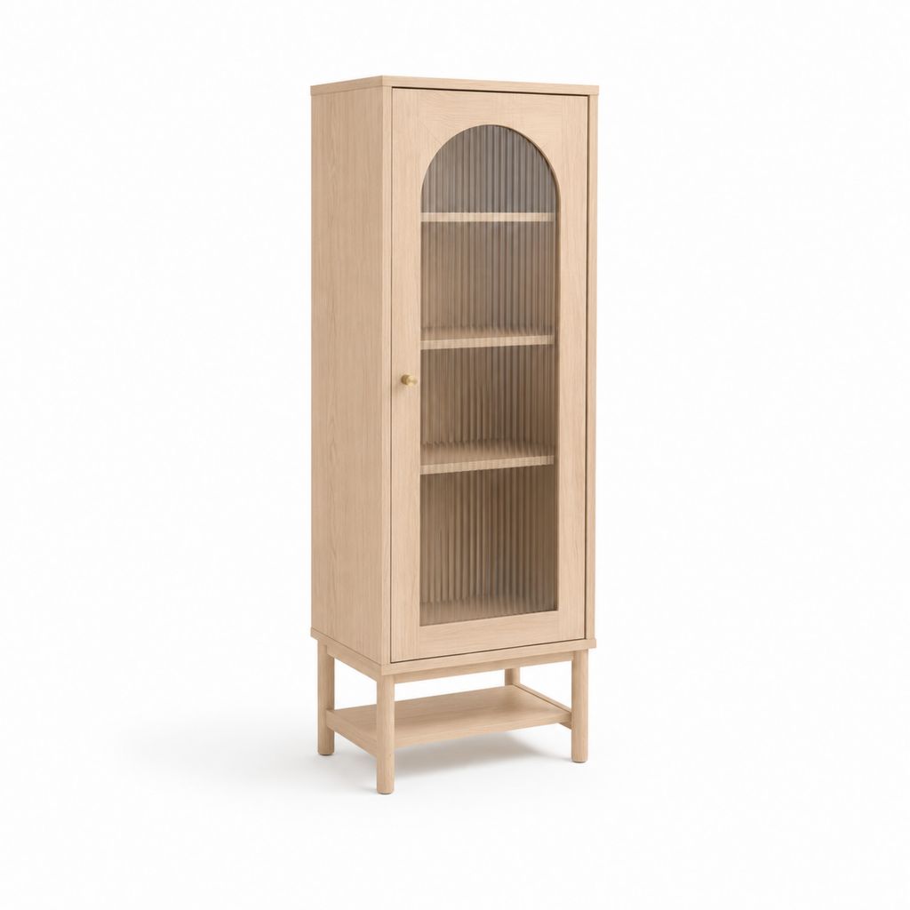 Vitrine sur pied 1 porte en MDF plaqué chêne clair avec verre trempé strié arqué 60 x 40 x 160 cm