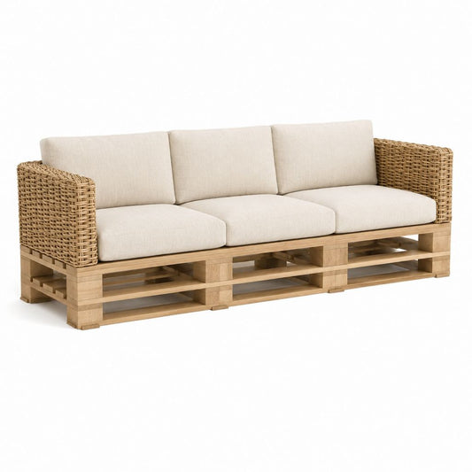 Canapé de jardin 3 places beige en acacia massif et résine tressée 220 x 80 x 75 cm